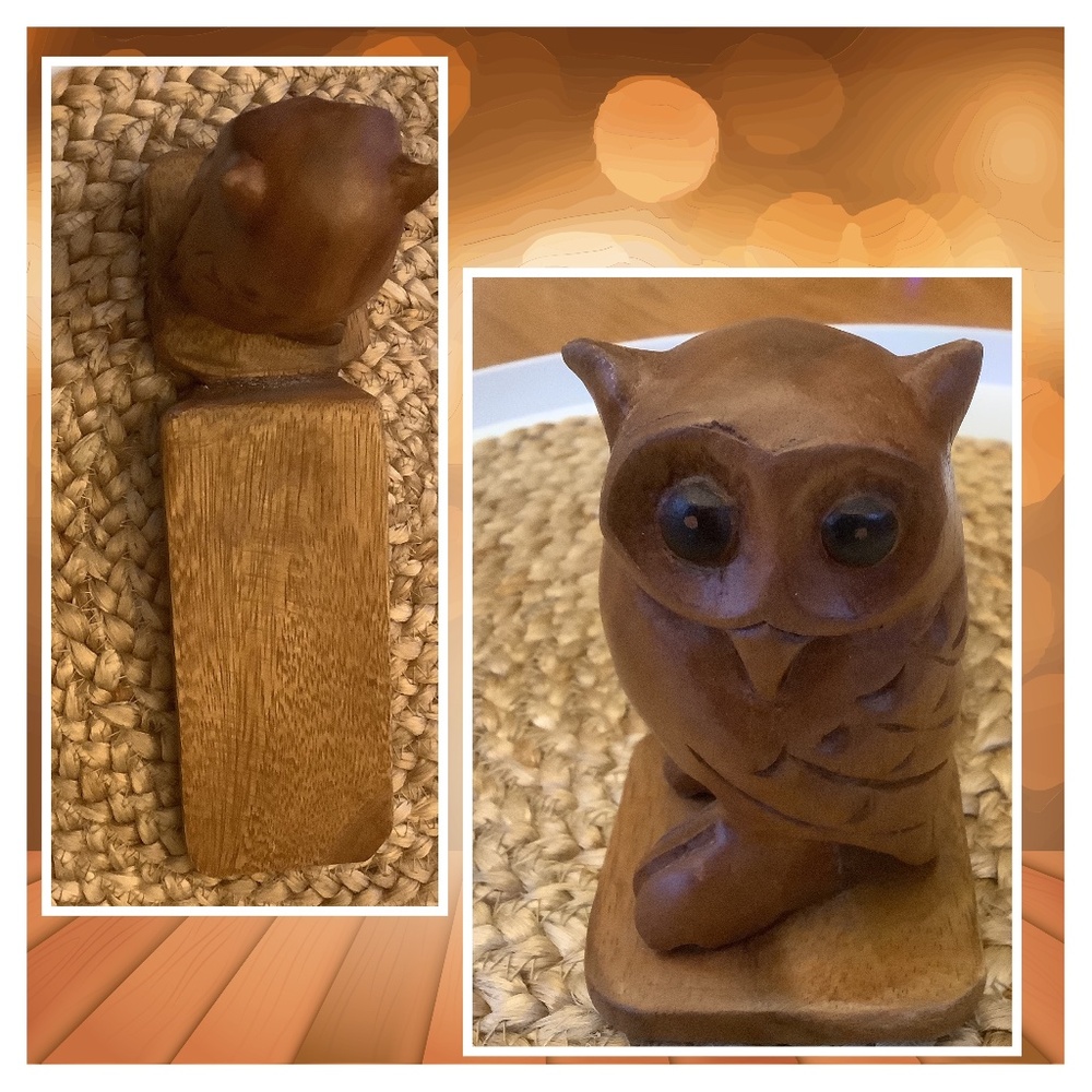 Artisan stained wooden carved owl sits atop an angled wedge doorstop